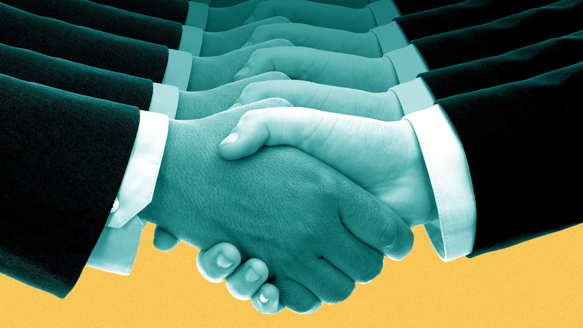 Illustration of a handshake, repeated backward several times.