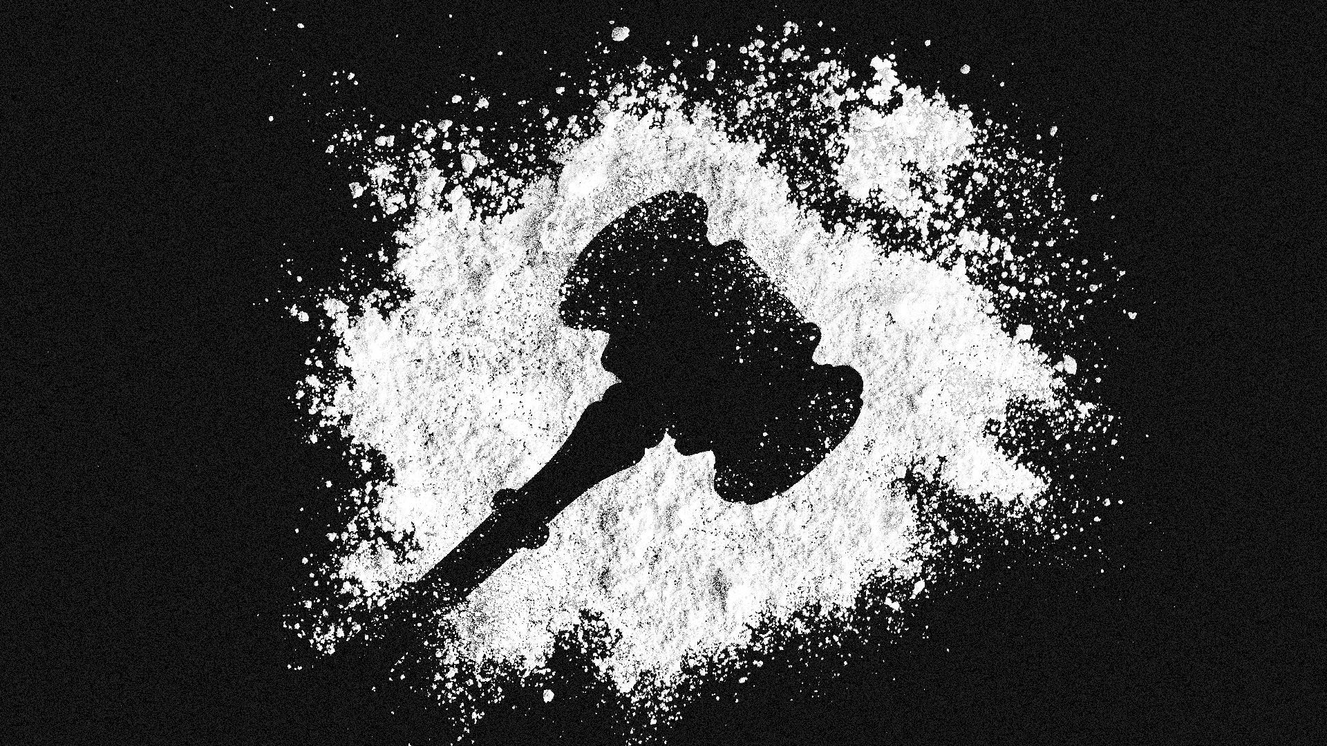 Illustration of a pile of white powder with the negative space shaped like a gavel.