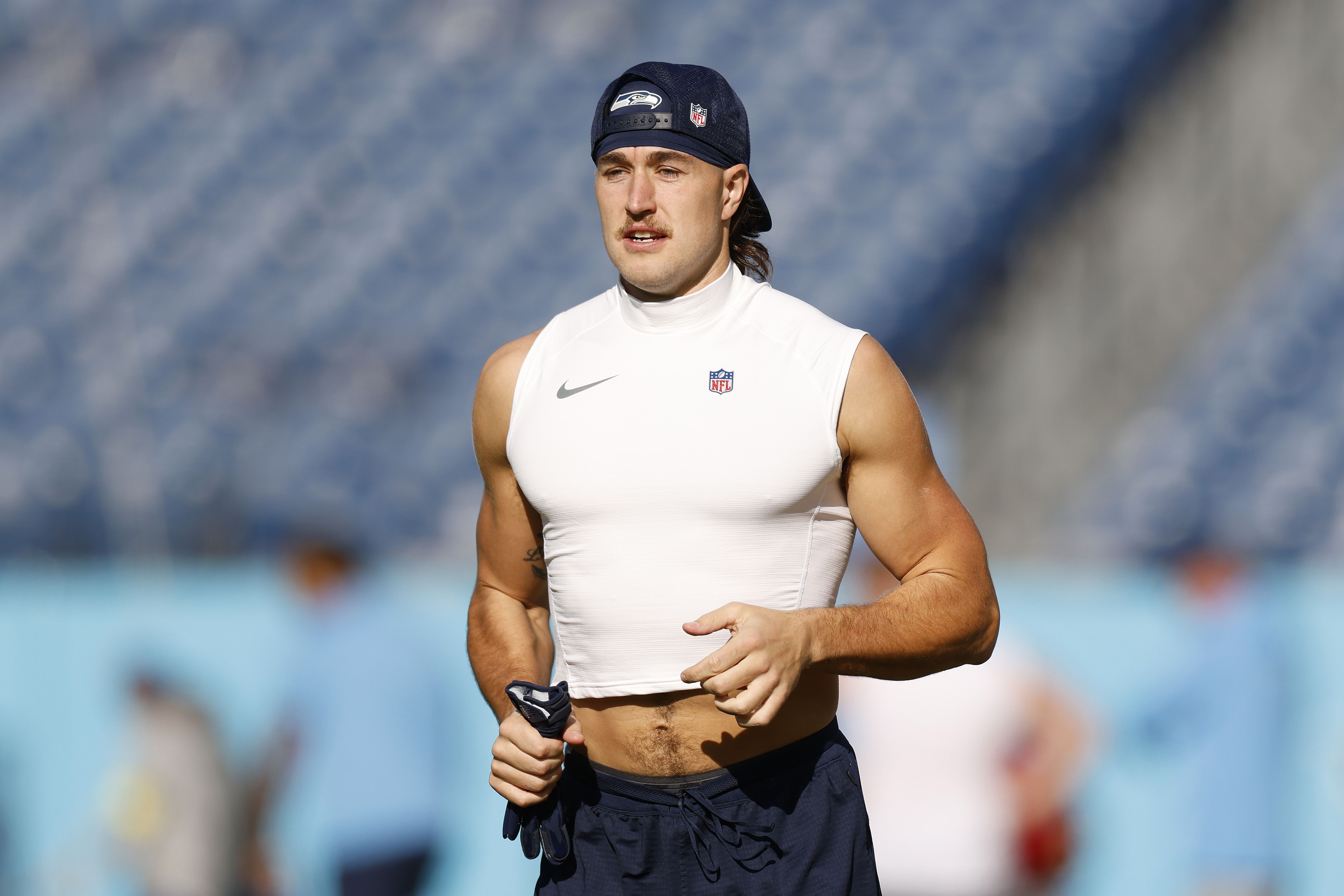 Jake Bobo #19 of the Seattle Seahawks warms up prior to the game against the Tennessee Titans at Nissan Stadium on November 23, 2025 in Nashville, Tennessee. (Photo by Johnnie Izquierdo/Getty Images)