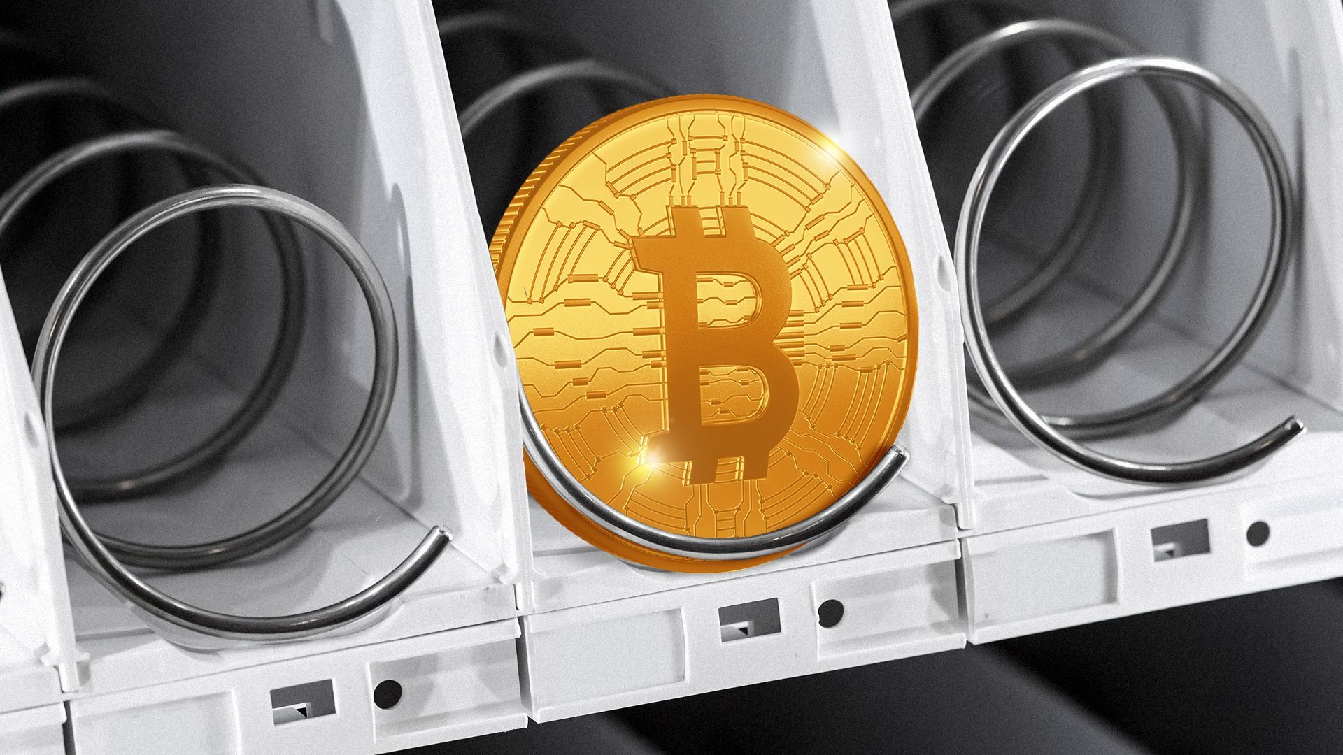 Illustration of a Bitcoin coin sparkling in a vending machine. 