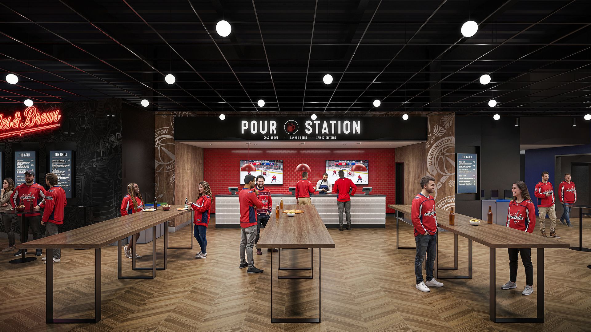 Indoor sports bar with a central counter labeled "Pour Station", red brick backdrop, and people in red Washington Capitals jerseys around long wooden tables with drinks.