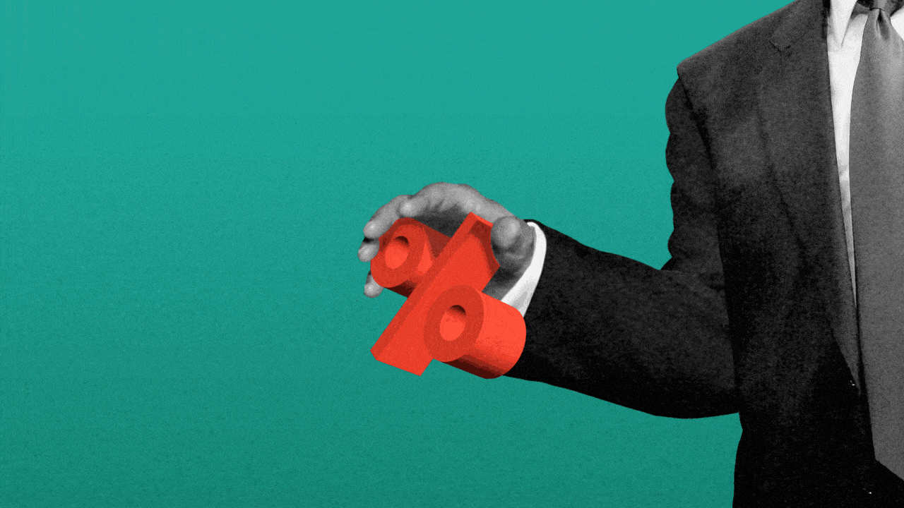 Animated photo illustration of Donald Trump holding a percent symbol and reaching out with it before pulling it back.