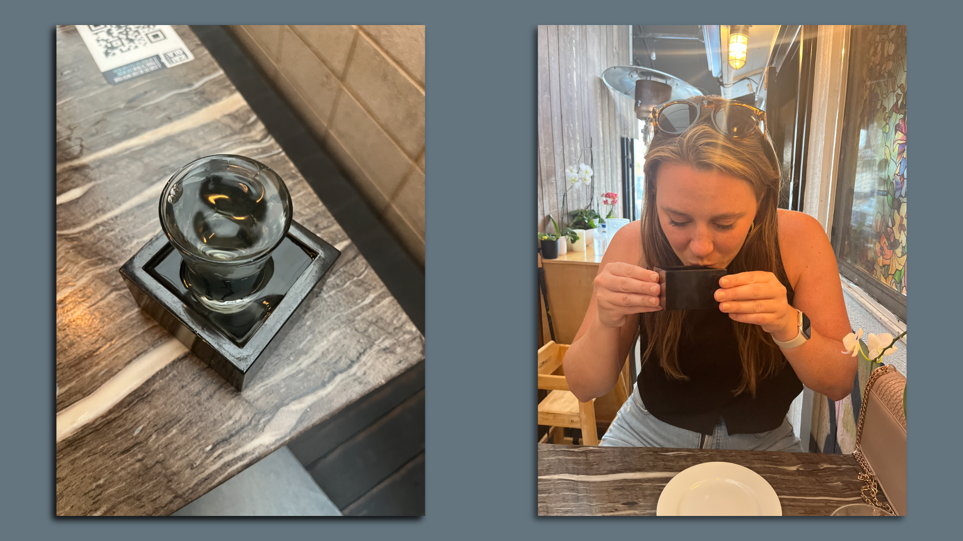 A small glass filled with sake sits in a black square box that's also filled with sake on a restaurant table (left). A woman sips sake out of the box (right).