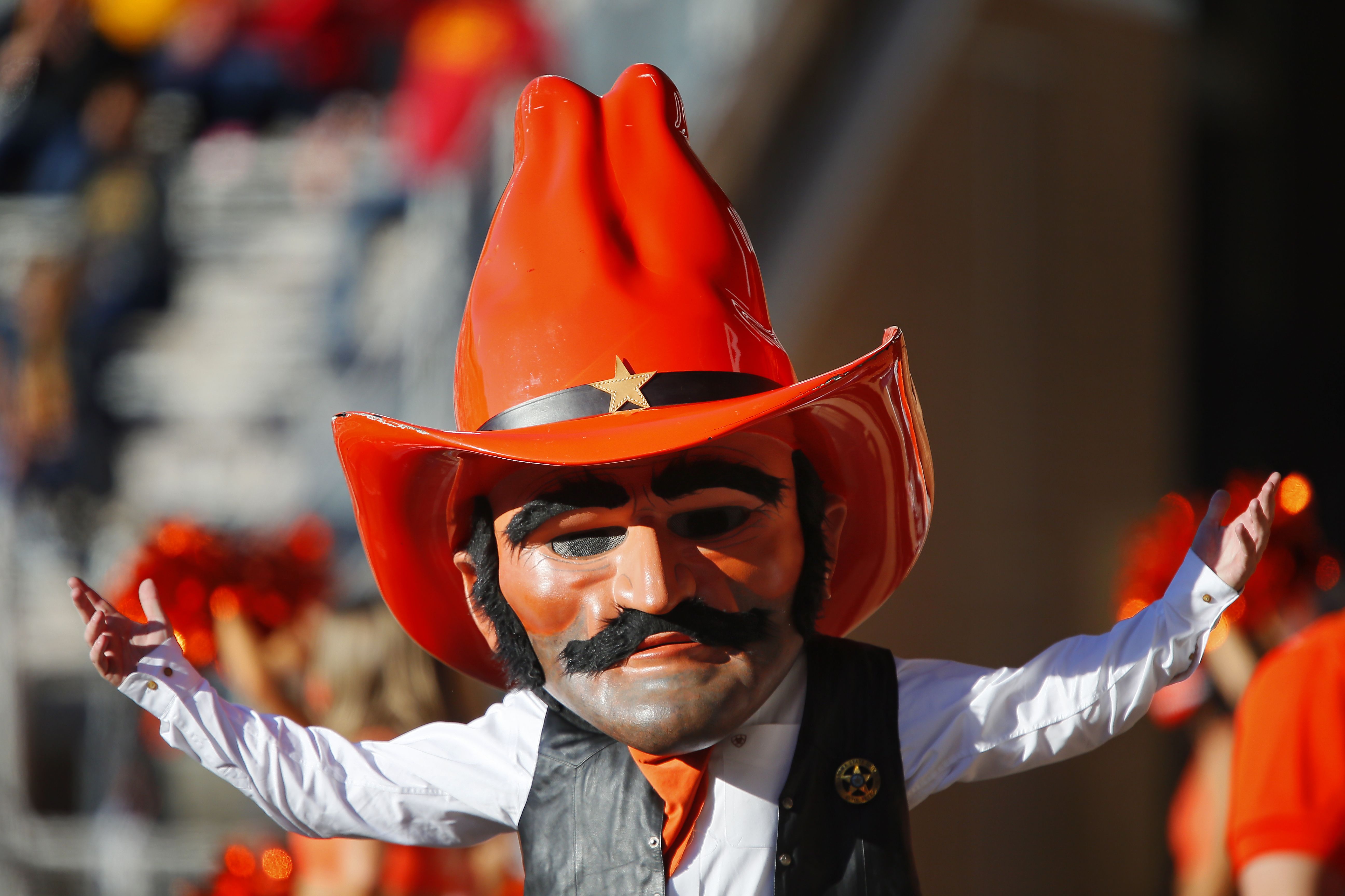 Pistol Pete of the Oklahoma State Cowboys cheers on the team during a game against the Iowa State Cylcones at Boone Pickens Stadium on October 24, 2020 in Stillwater, Oklahoma. OSU won 24-20. (Photo by Brian Bahr/Getty Images)