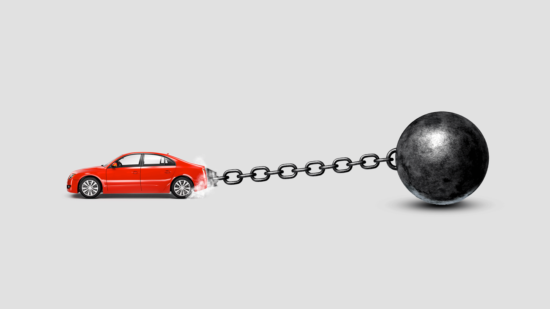 Illustration of a car tied to a ball and chain trying to drive away and getting pulled back. 