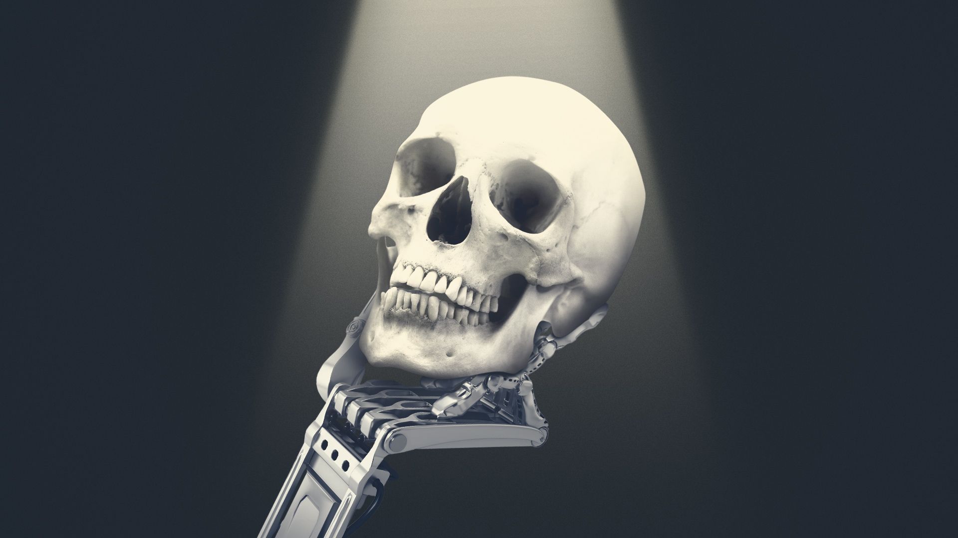 Illustration of a robot hand holding a skull up, in Hamlet-fashion. 