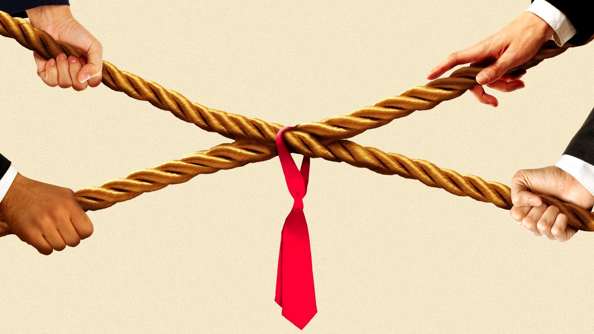 Illustration of hands in business suits pulling ropes in a four-way tug-of-war with a small red tie in the middle as the flag