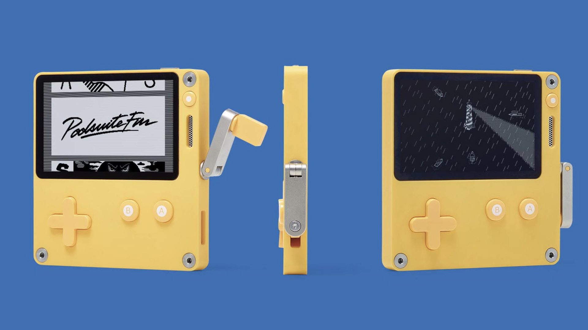 Photo of a Playdate gameboy prototype that's yellow