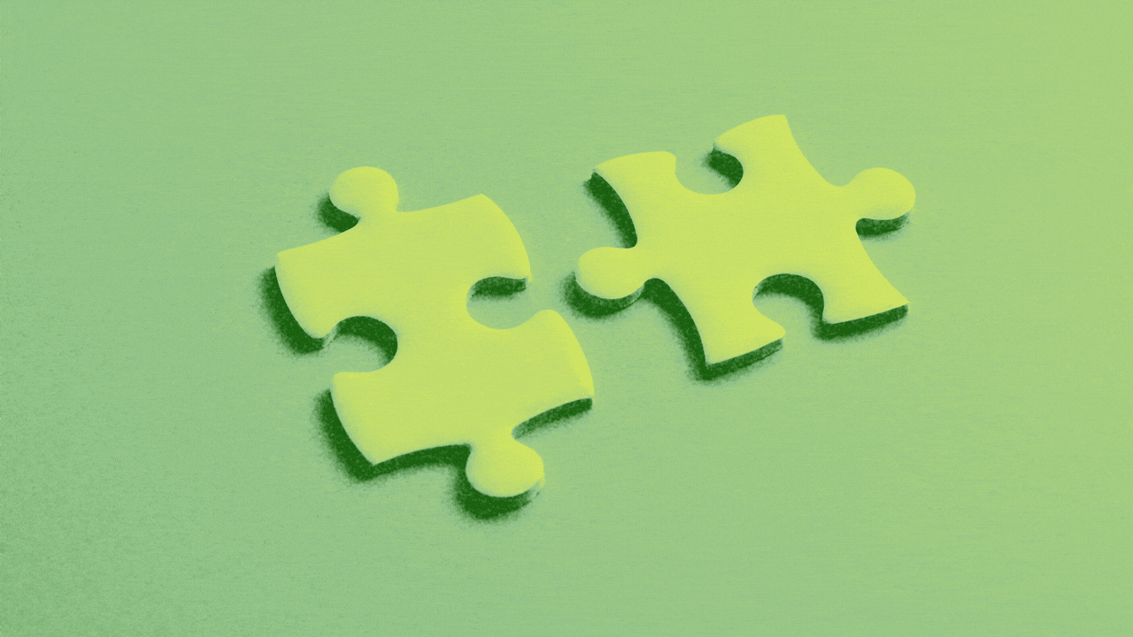 Animated illustration of two puzzle pieces. A cloud of visual static or noise forms over them and dissipates. 