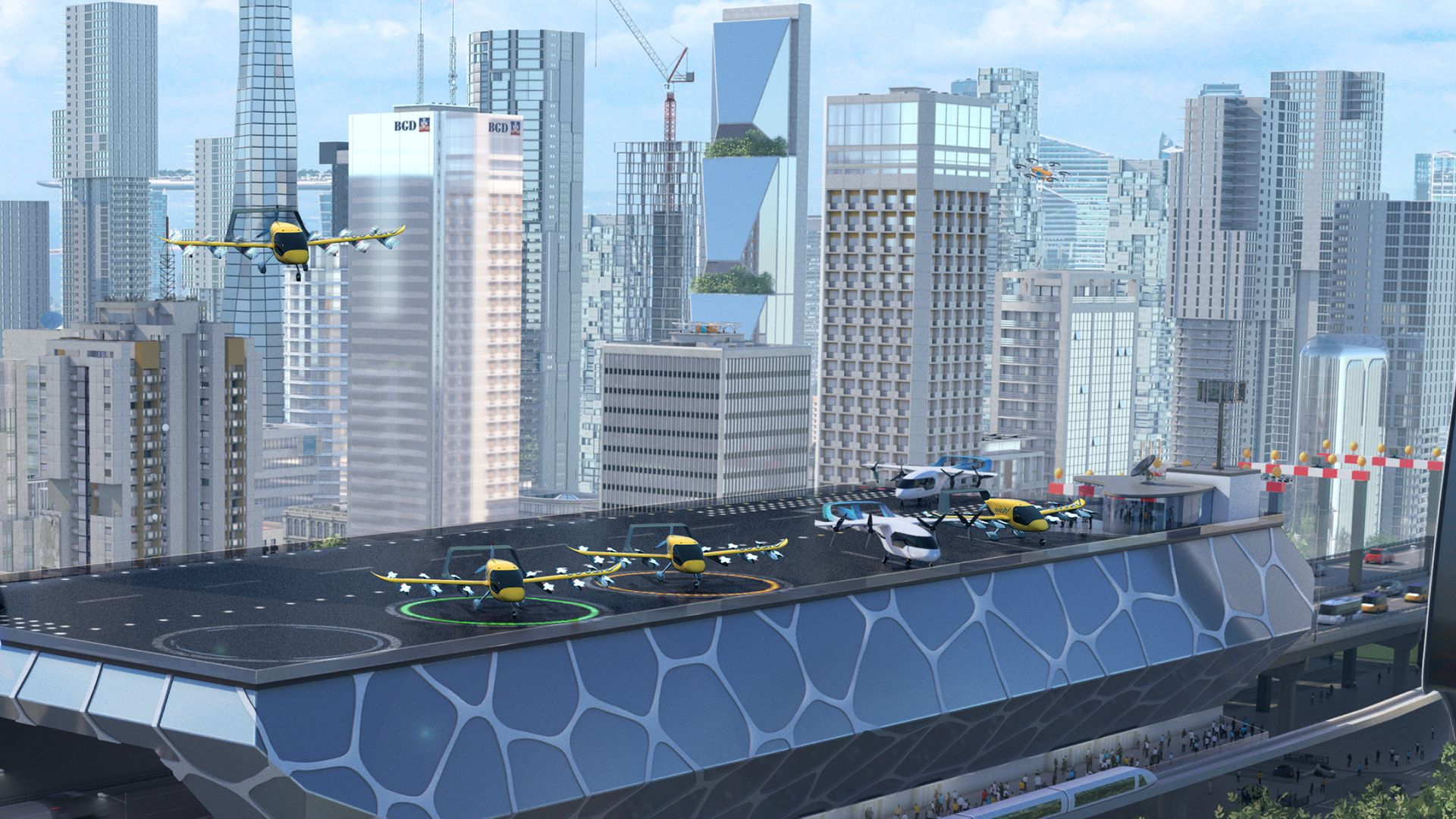Rendering of a potential vertiport for Wisk's autonomous flying taxis. 
