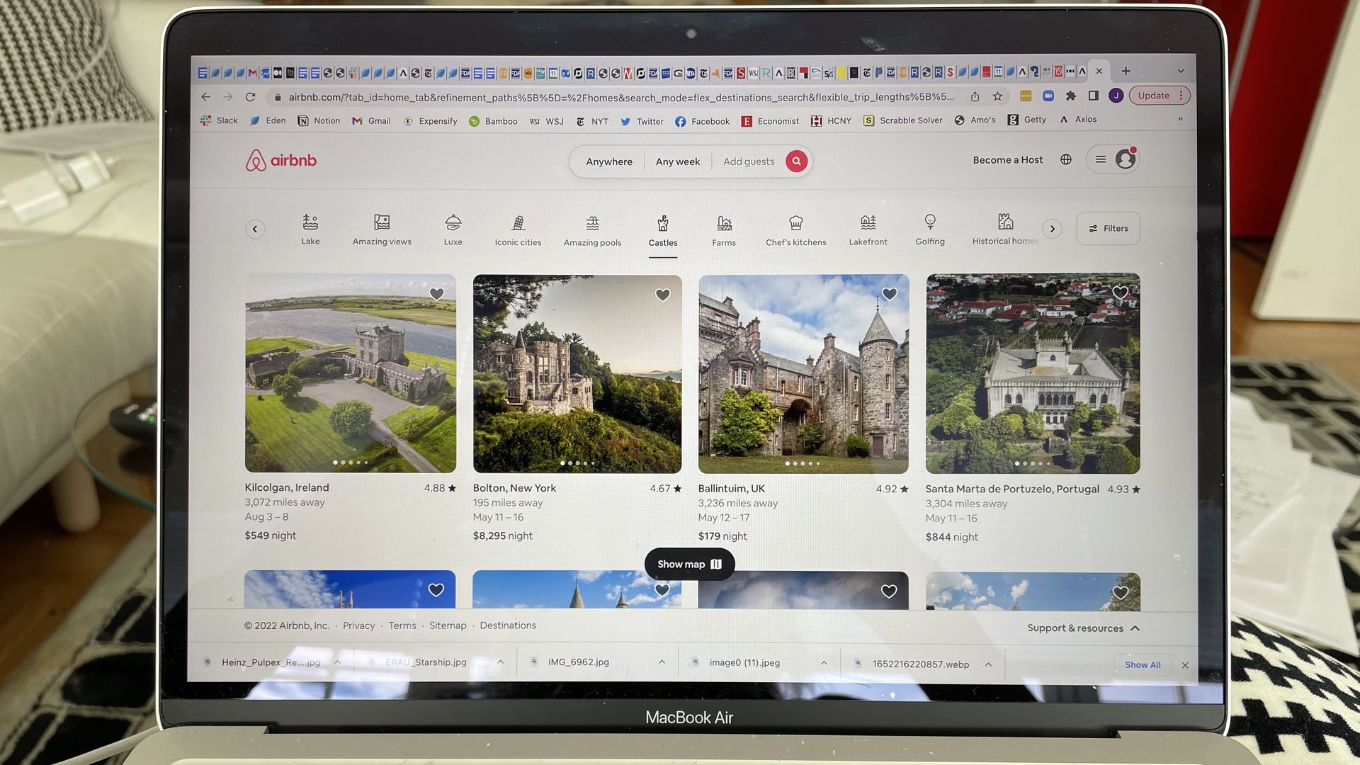 A screenshot of Airbnb's new interface, featuring castles.