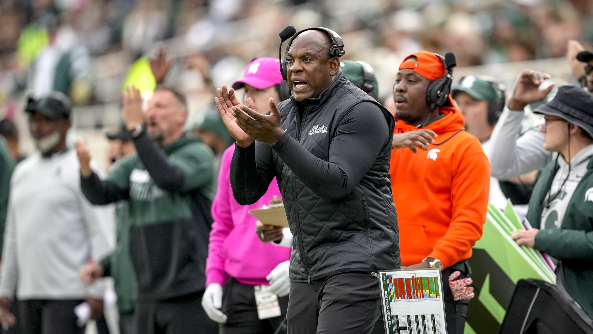 MSU football coach Mel Tucker on the sideline against Wisconsin.