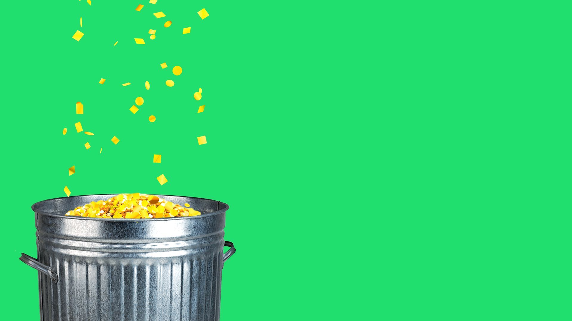 Illustration of confetti falling into a trash can full of confetti. 