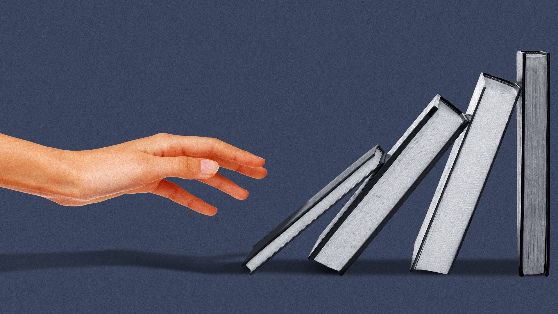 Illustration of a hand reaching for a row of books that are falling like dominoes.