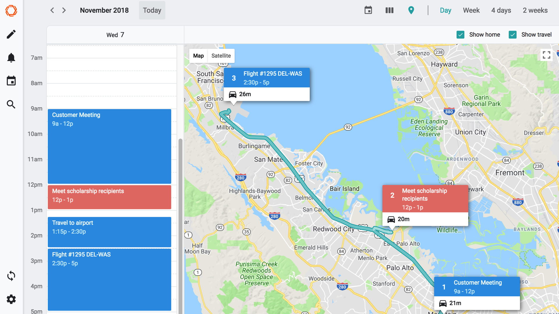 The map view in Woven lets you see your day geographically