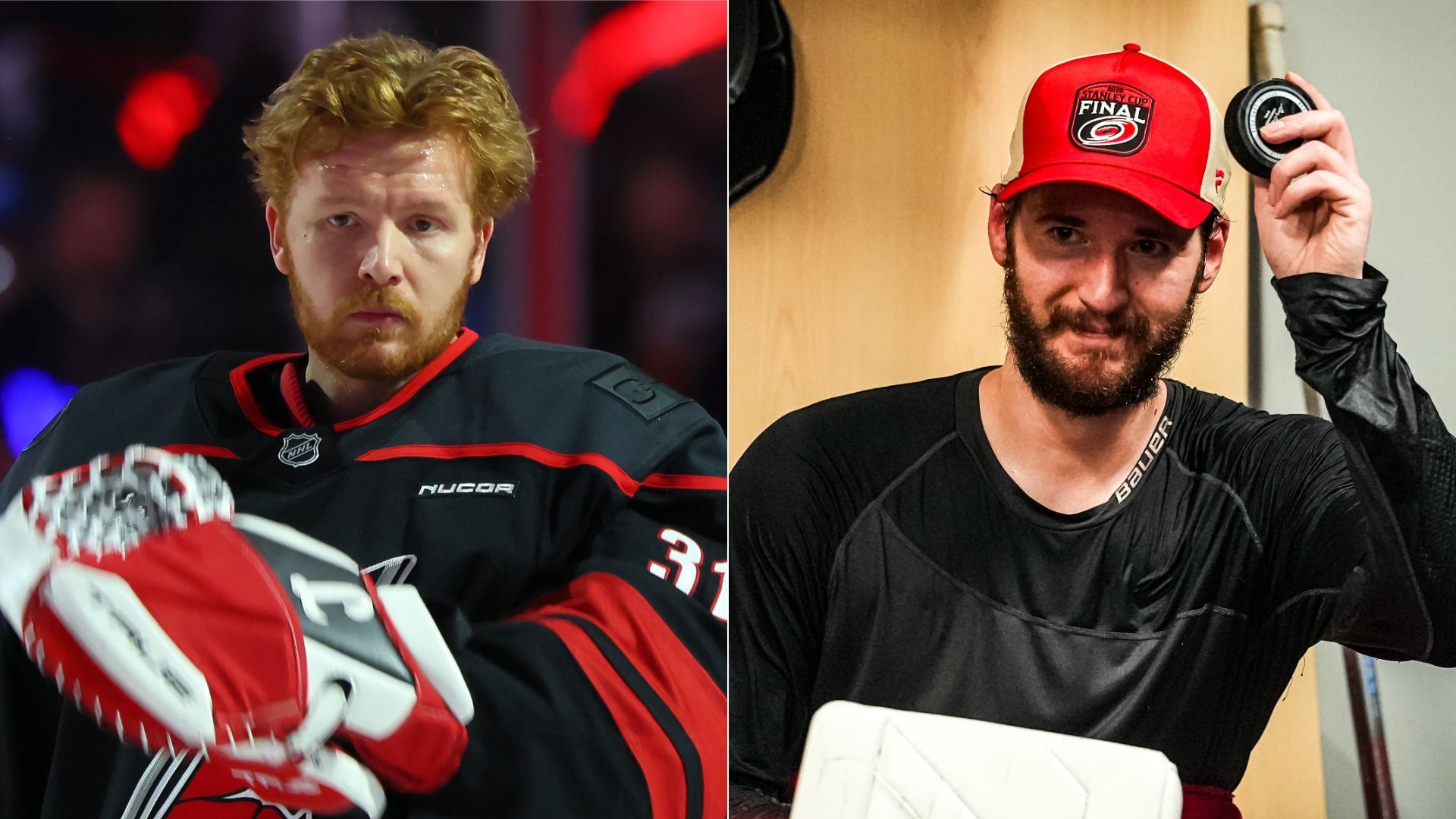 Carolina Hurricanes goalies Frederik Andersen, left in uniform pre-game with helmet off, and Brandon Bussi, right in locker room holding puck and wearing a Stanley Cup Final hat.
