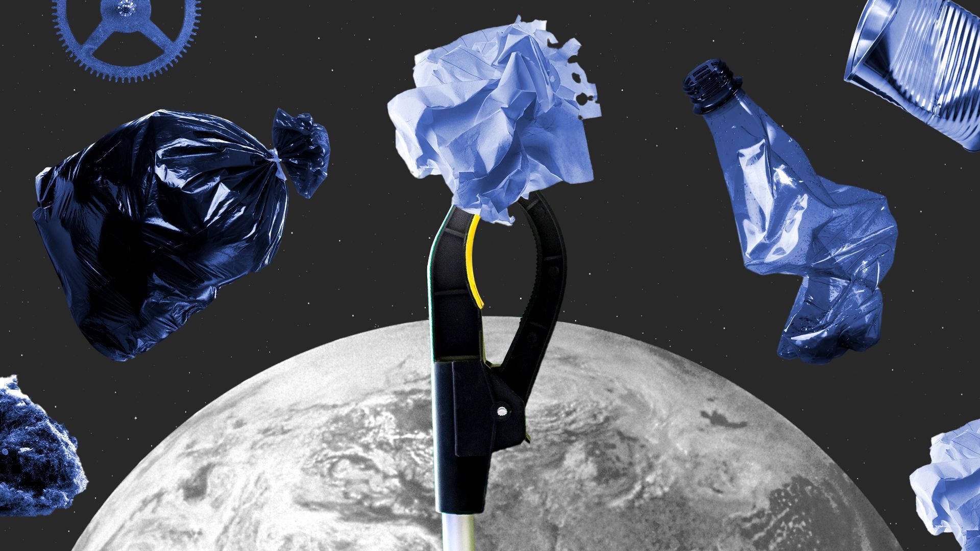 Illustration of a trash picker pulling garbage from space