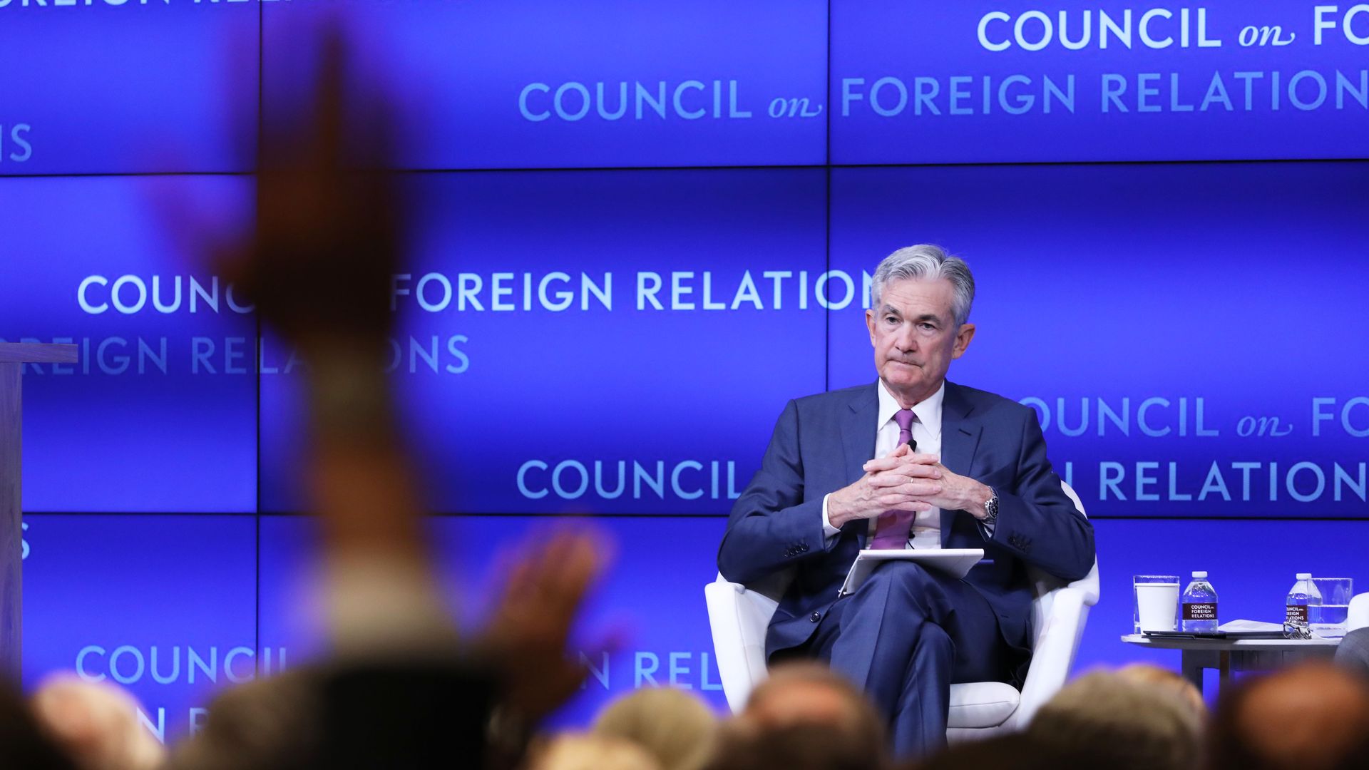 Jerome Powell (left), chairman of the Board of Governors of the Federal Reserve, takes questions at the Council on Foreign Relations.