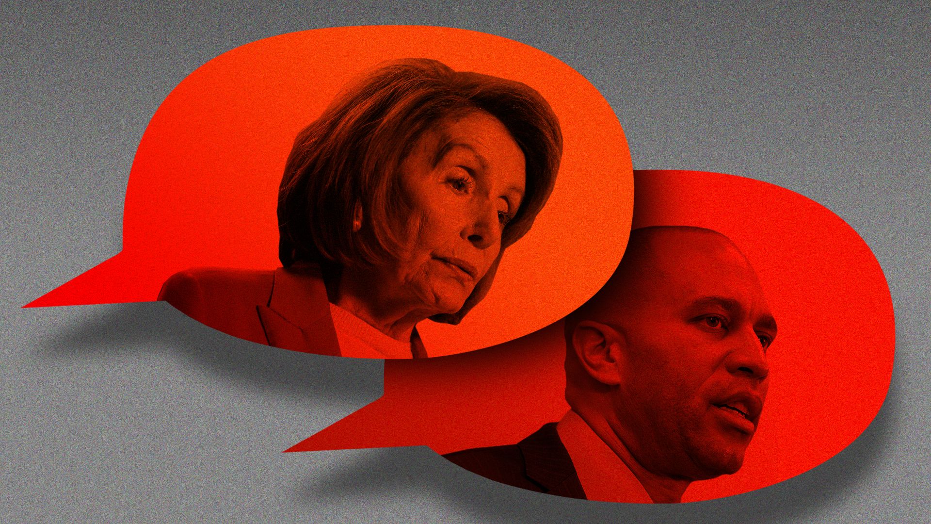 Photo illustration of Nancy Pelosi and Hakeem Jeffries in red speech bubbles