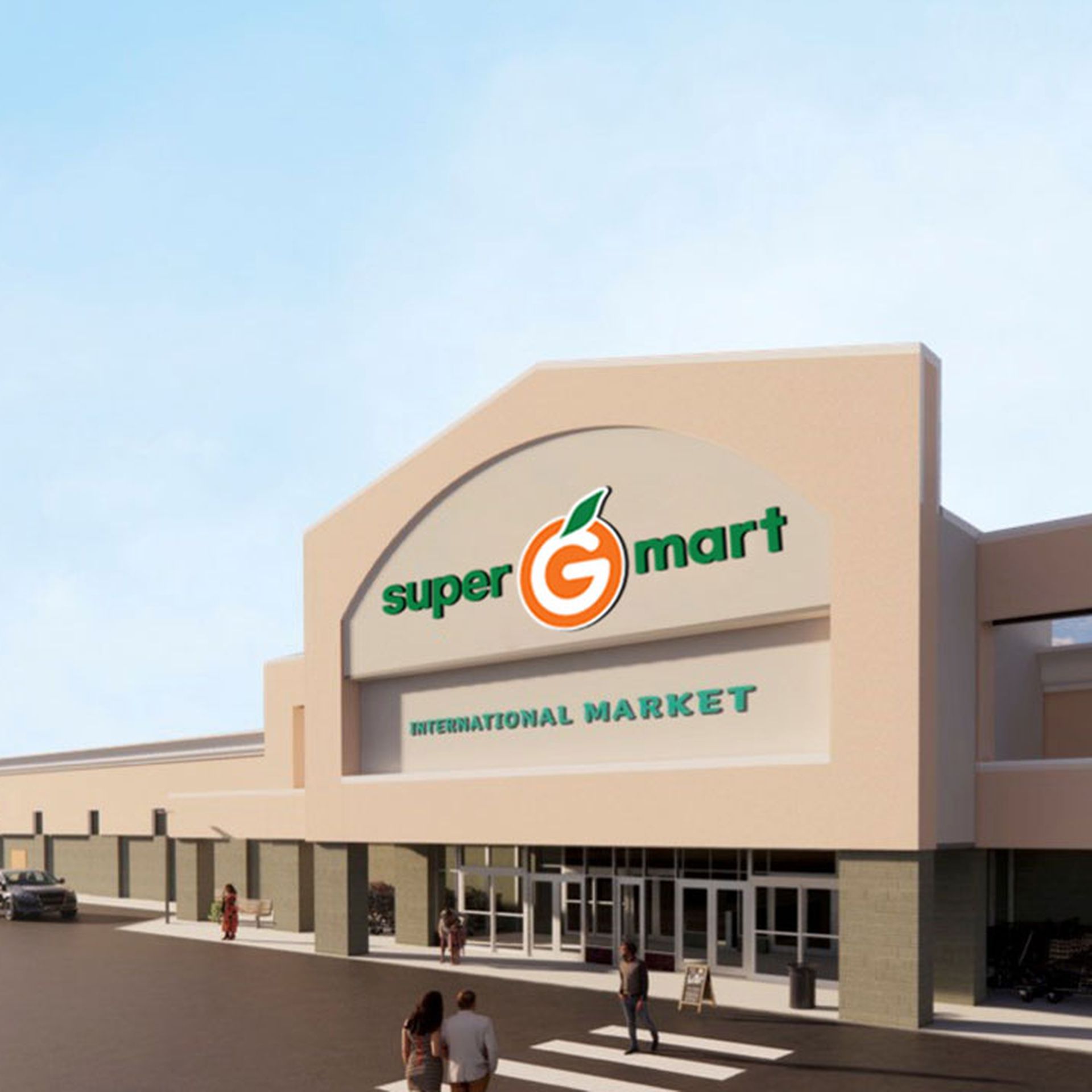 strip mall storefront with Super G Mart on sign