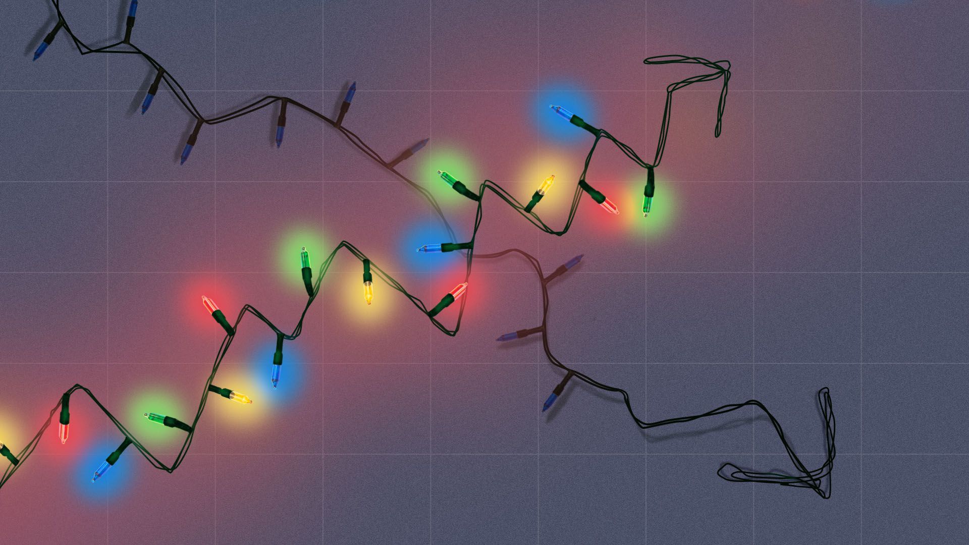 Illustration of a lit string of holiday lights as un upward trend line, with another dark set of lights trending down