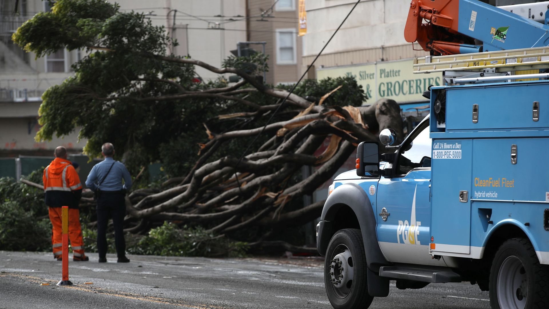PG&E truck surveys damage from fallen tree