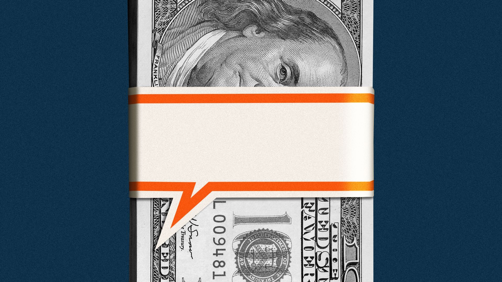 Illustration of a stack of one hundred dollar bills with a band around them in the shape of a speech bubble