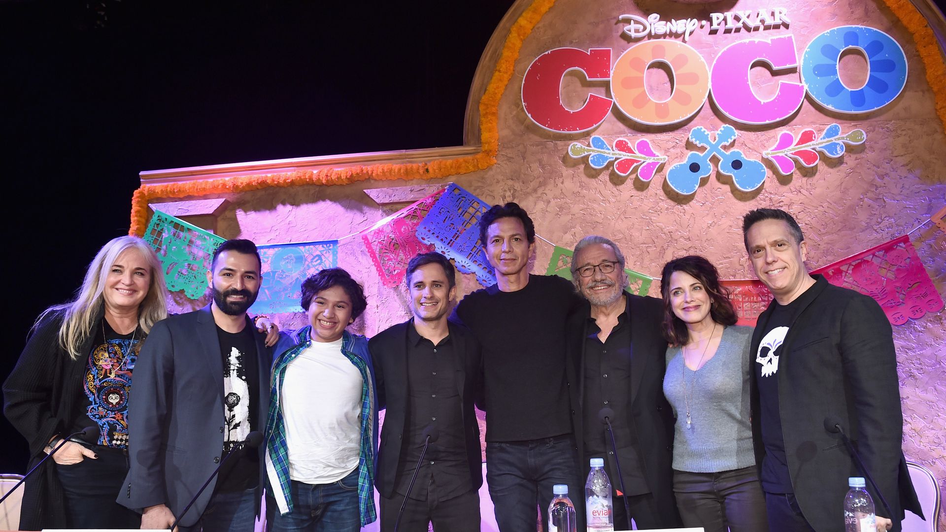 The cast, writers and director for Disney-Pixar's "Coco" at stand after at press conference at The Beverly Hilton Hotel.