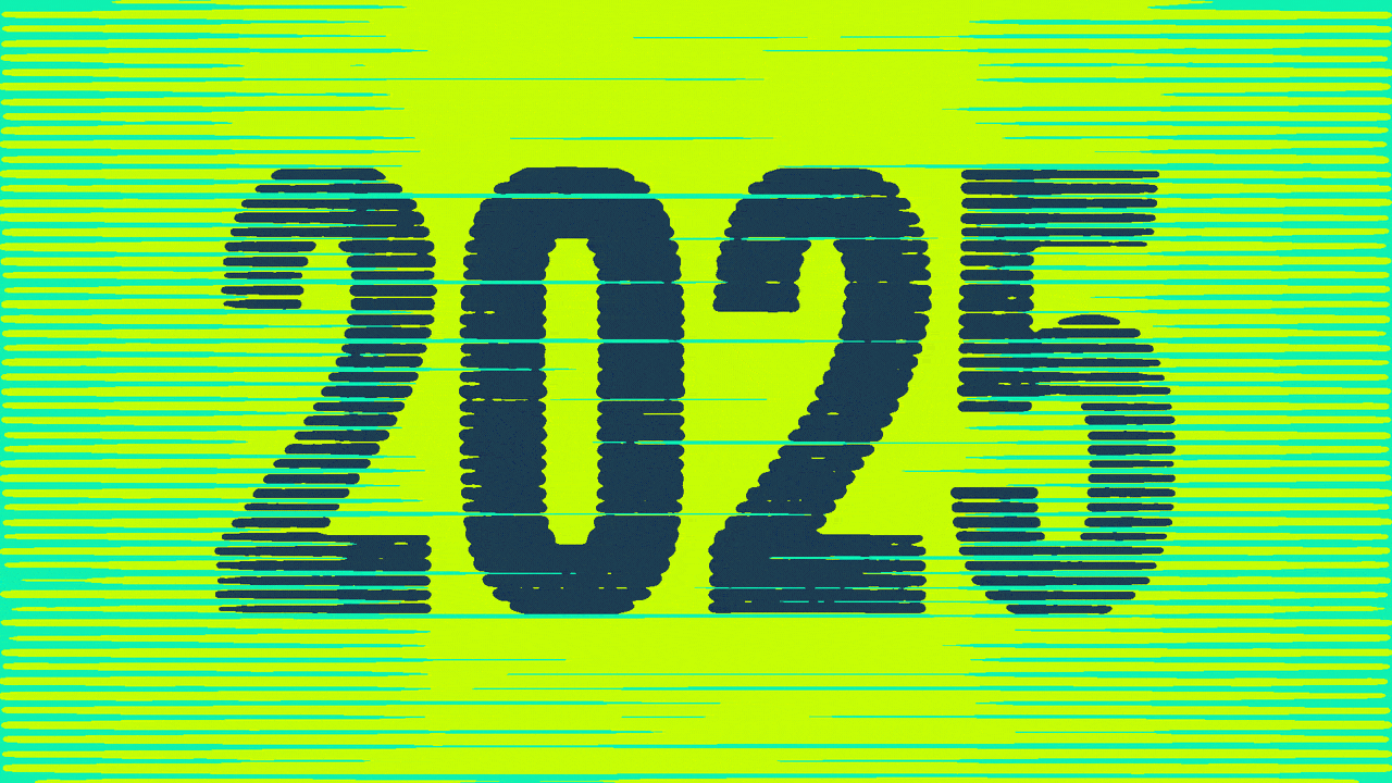 Animated illustration of moving lines making up the year 2025 falling away to reveal moving lines making a robot emoji.