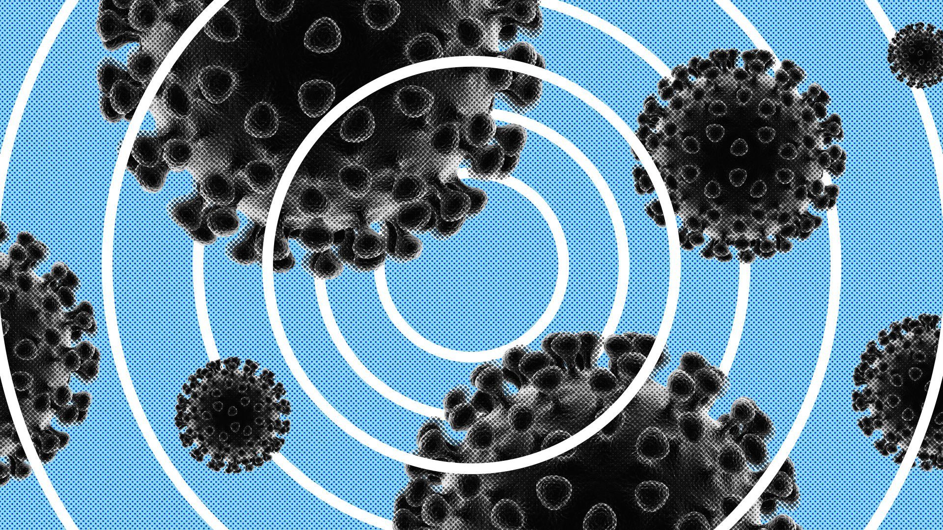 Illustration of coronaviruses with radiating circles.