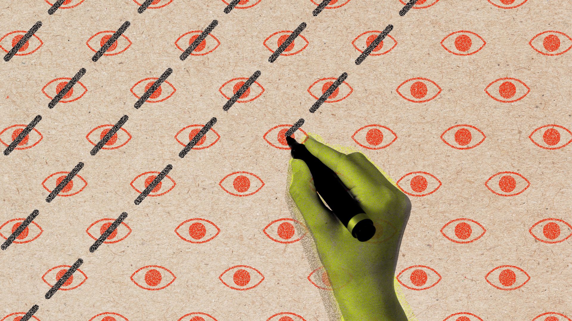 A hand crossing out images of leering eyes