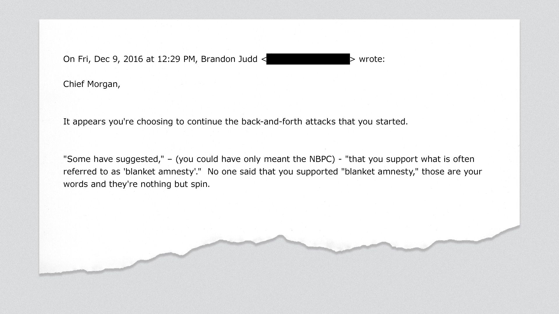 Excerpt of an email sent from Brandon Judd's personal account to incoming ICE chief Mark Morgan