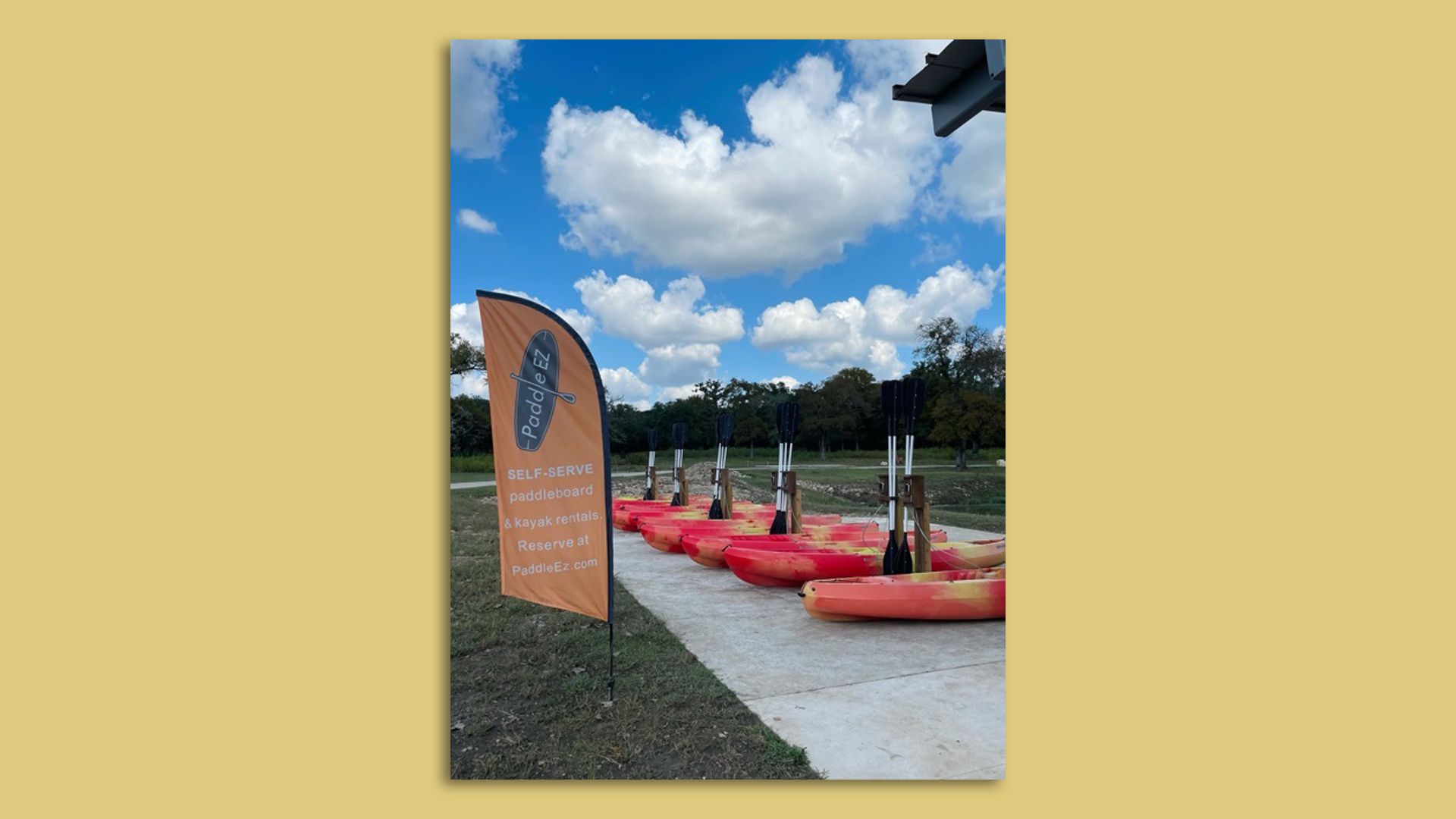 Image an automatic kayak rental stand in Texas. 