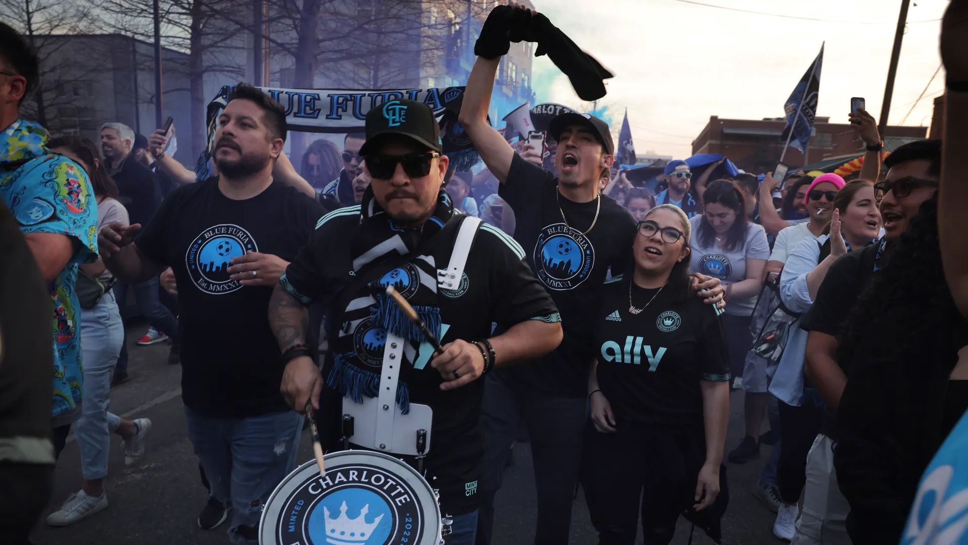 Charlotte FC supporters march to the stadium. Photo: Travis Dove for Axios