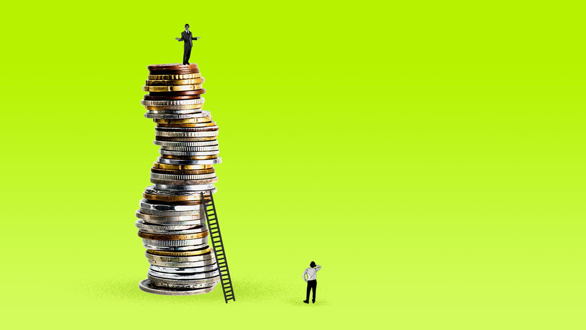 A man standing on a large pile of coins with another man trying to reach him with an inadequate ladder