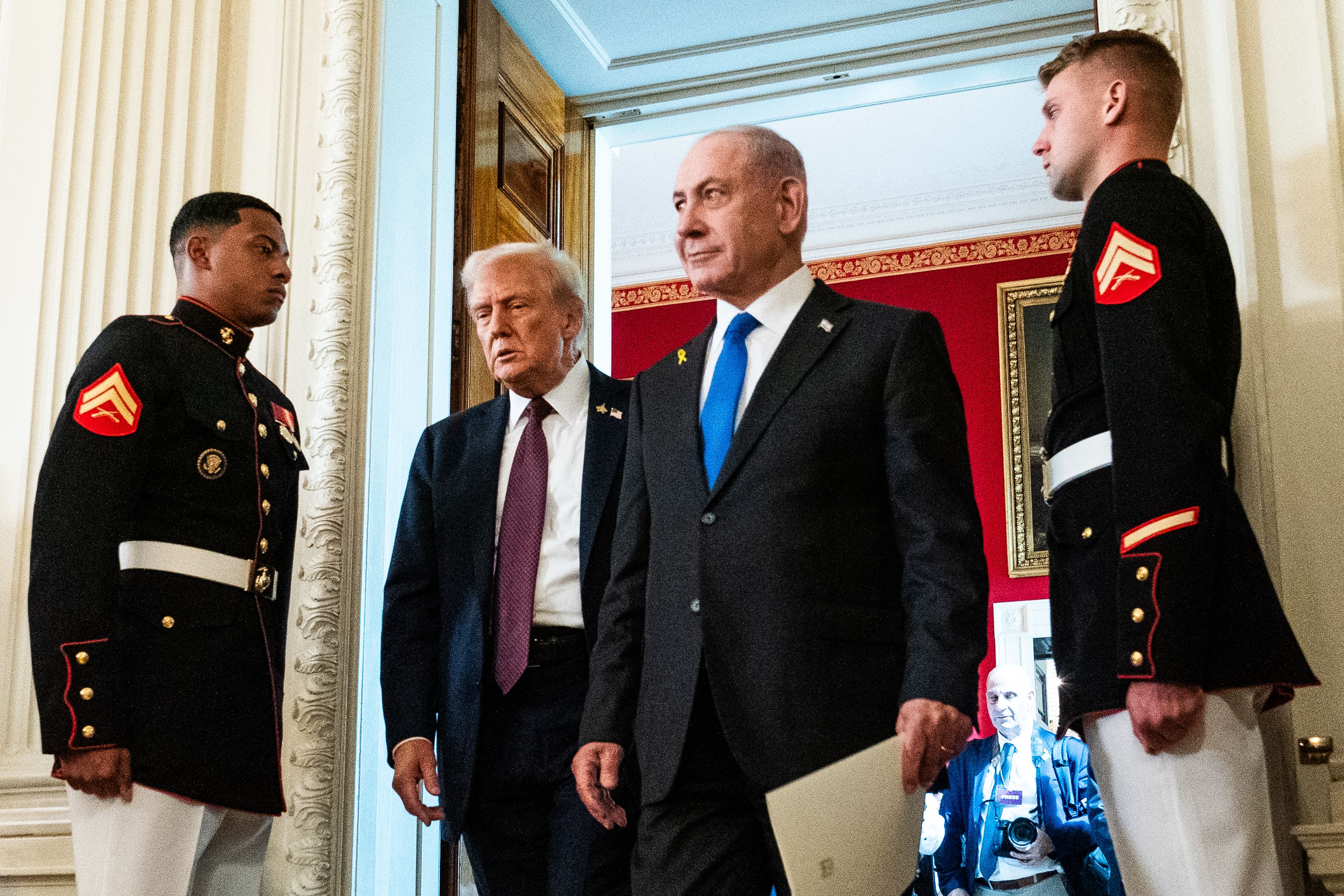 WASHINGTON, DC September 29: US President Donald Trump and Israeli Prime Minister Benjamin Netanyahu enter for a press conference in the State Dining Room of the White House on Monday September 29, 2025. Trump and Netanyahu will discuss the latest U.S. backed plans to end the war in Gaza and free th