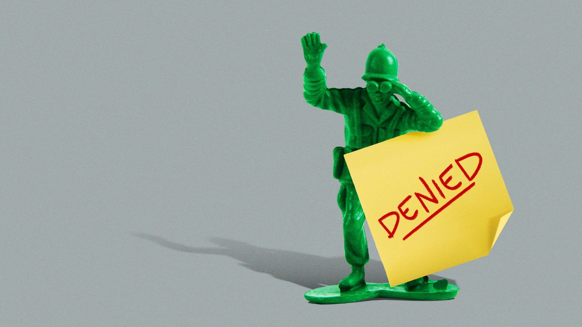 Illustration of a post-it note that says "DENIED" stuck to a green toy soldier. 