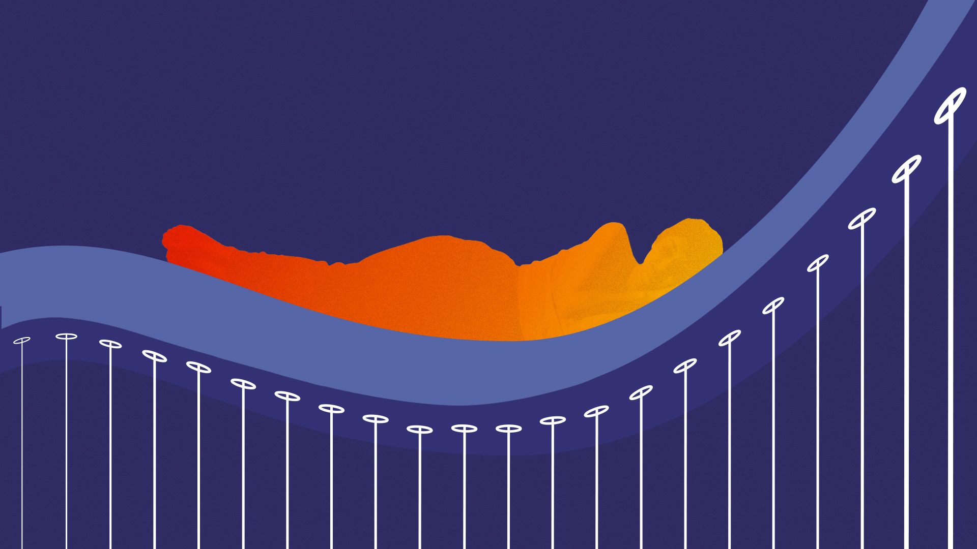 Illustration of a figure sleeping in the swoop of a harp stylized in a vector shape. 