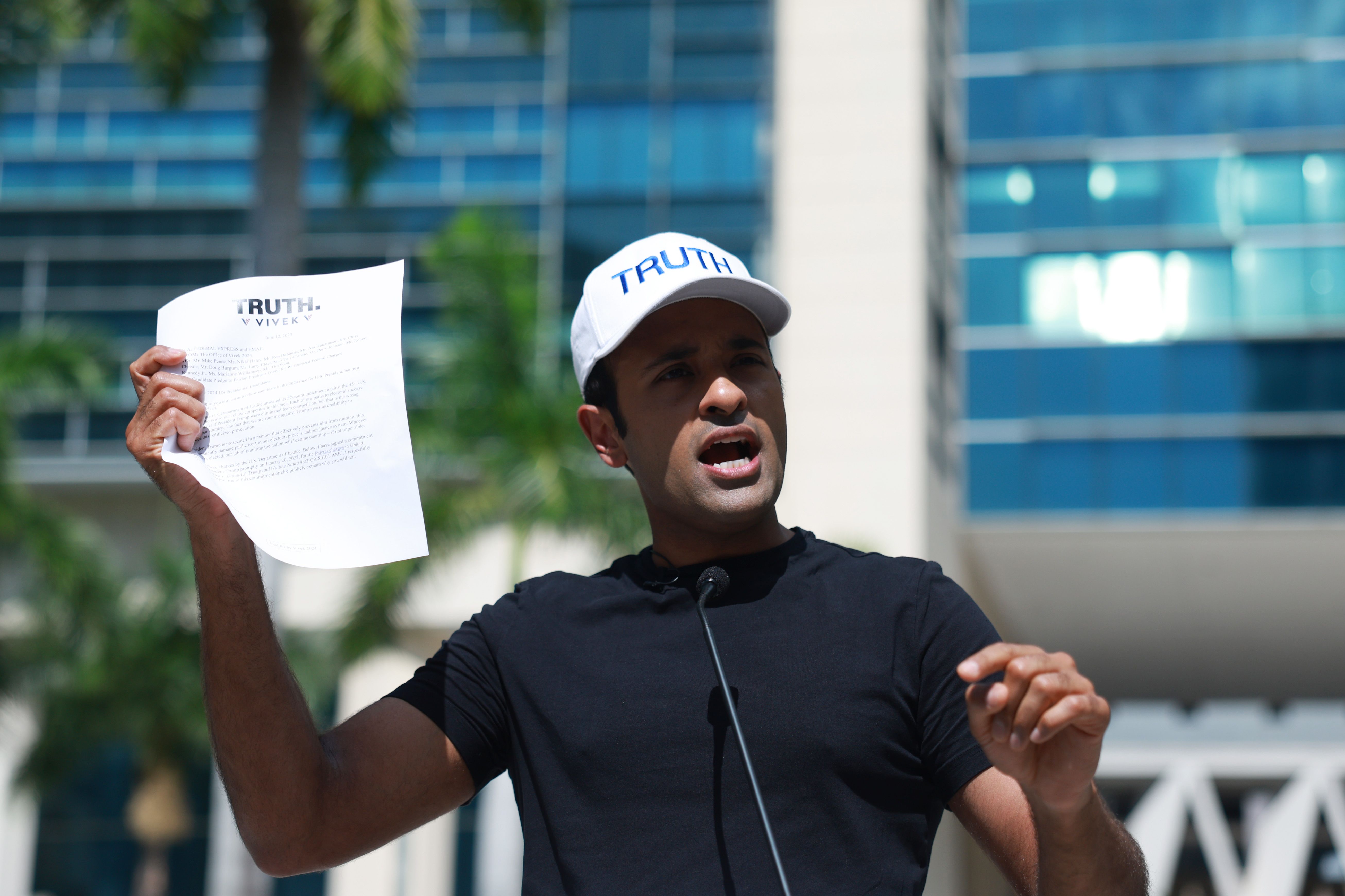 Republican presidential candidate Vivek Ramaswamy discusses FOIA request regarding former President Donald Trump's indictment outside of the Wilkie D. Ferguson Jr. United States Federal Courthouse where Trump is scheduled to be arraigned later in the day on June 13, 2023 in Miami, Florida. 