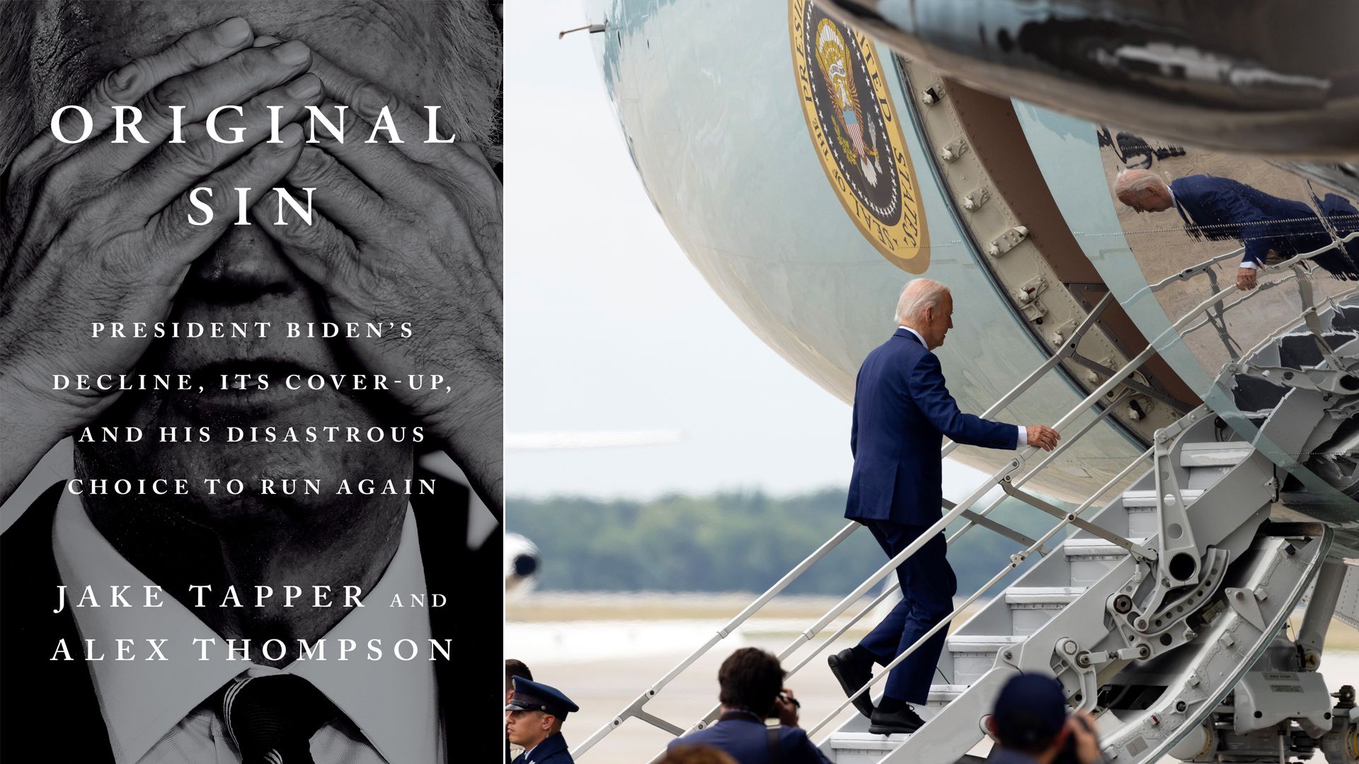 A photo composite showing President Biden boards Air Force One with the book cover for "Original Sin" by Jake Tapper and Alex Thompson."
