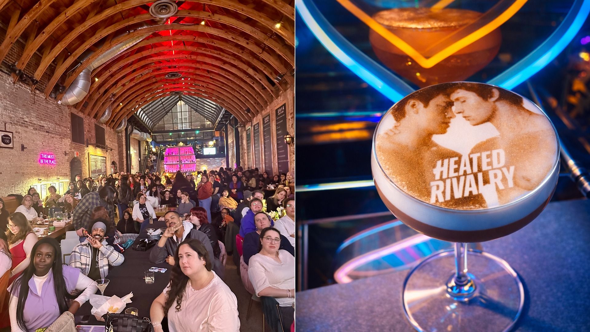 Left: A crowd of diverse people seated in a warmly lit venue with red arched ceiling beams. Right: A cocktail with foam art showing two men facing each other and text "HEATED RIVALRY."