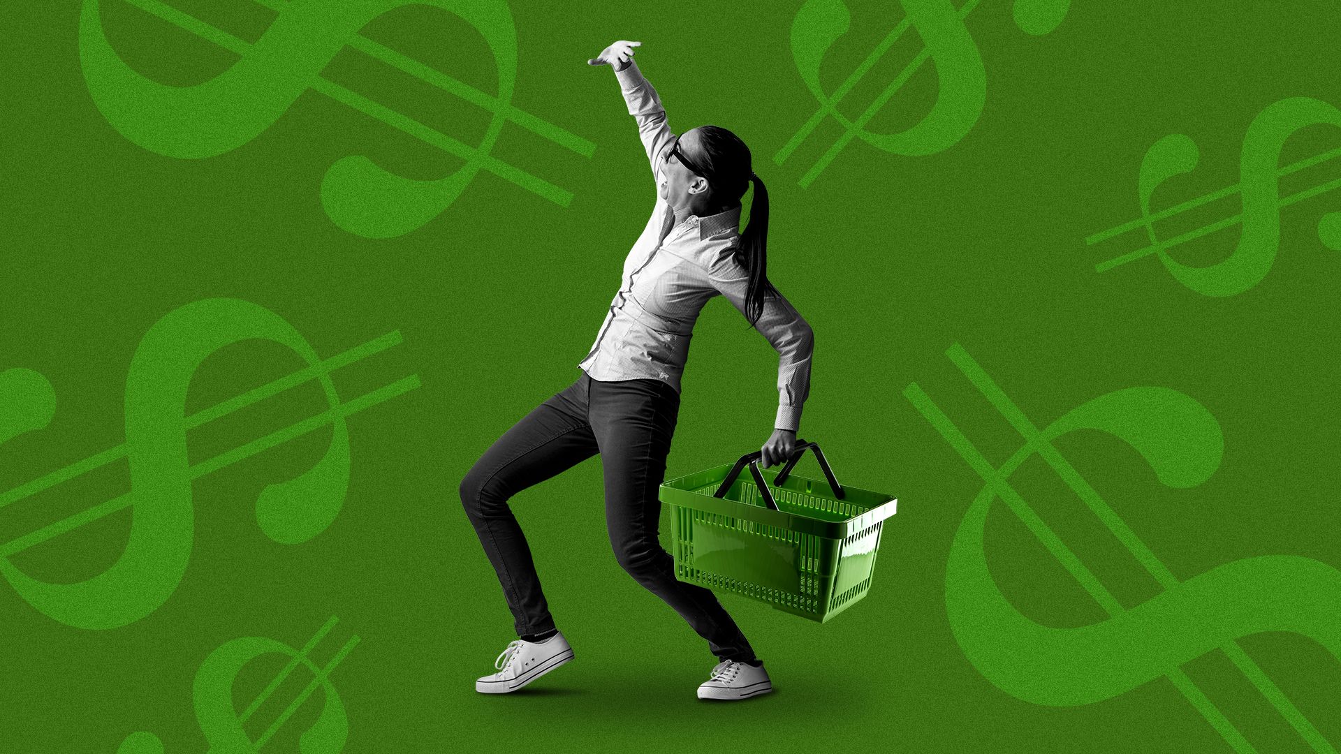 Illustration of a woman with a shopping basket being attacked by giant dollar signs