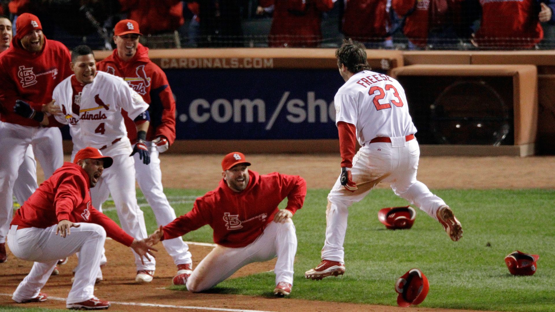 david freese celebrates walk-off HR