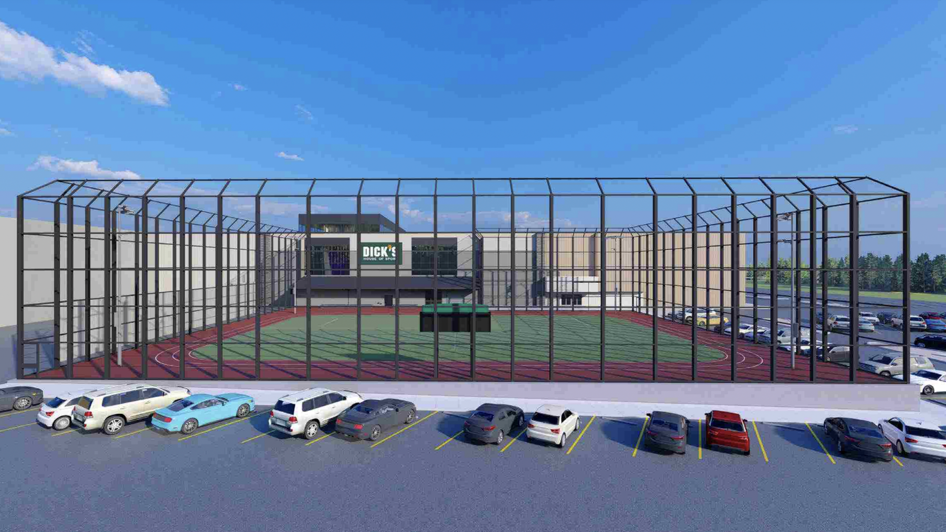 A rendering showing an athletic field surrounded by tall fences in a parking lot 
