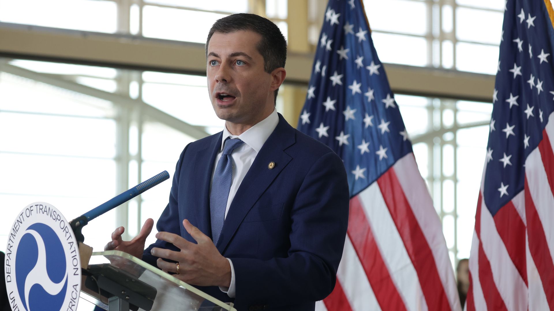 U.S. Secretary of Transportation Pete Buttigieg speaks to questions during a news conference at Ronald Reagan Washington National Airport November 21, 2024 in Arlington, Virginia. 