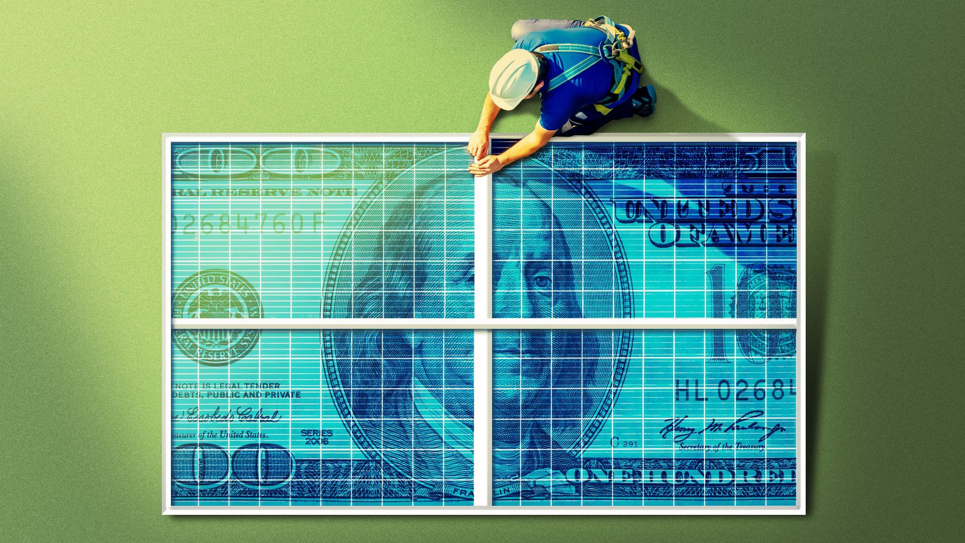 Illustration of a man working on a solar panel with a money overlay