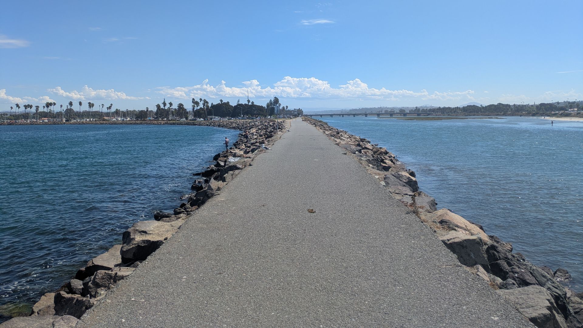 A long concrete jetty extends into calm blue water under a bright clear sky, with rocky edges along both sides, a line of palm trees on the shore, and a distant bridge on the horizon.