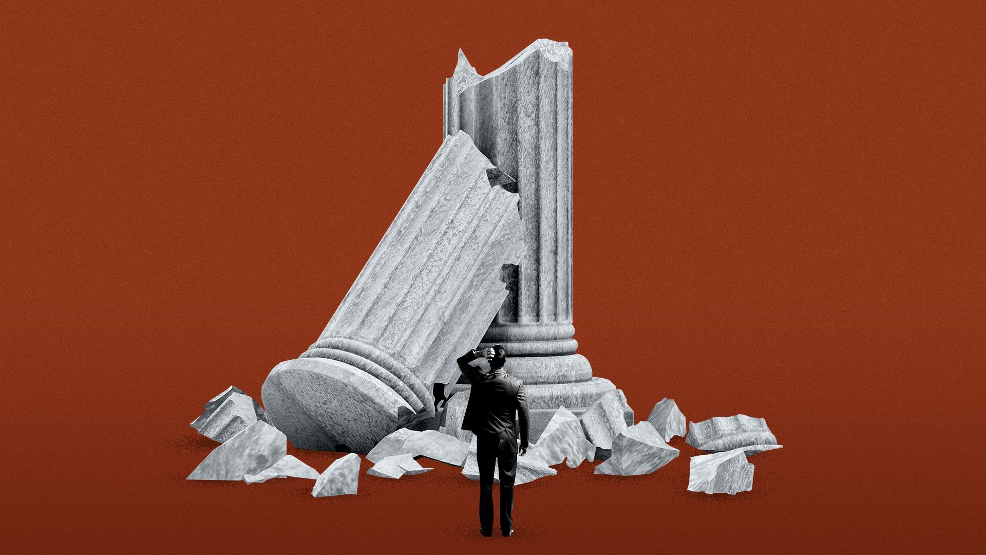 Illustration of a business person standing in front of a collapsed column. 