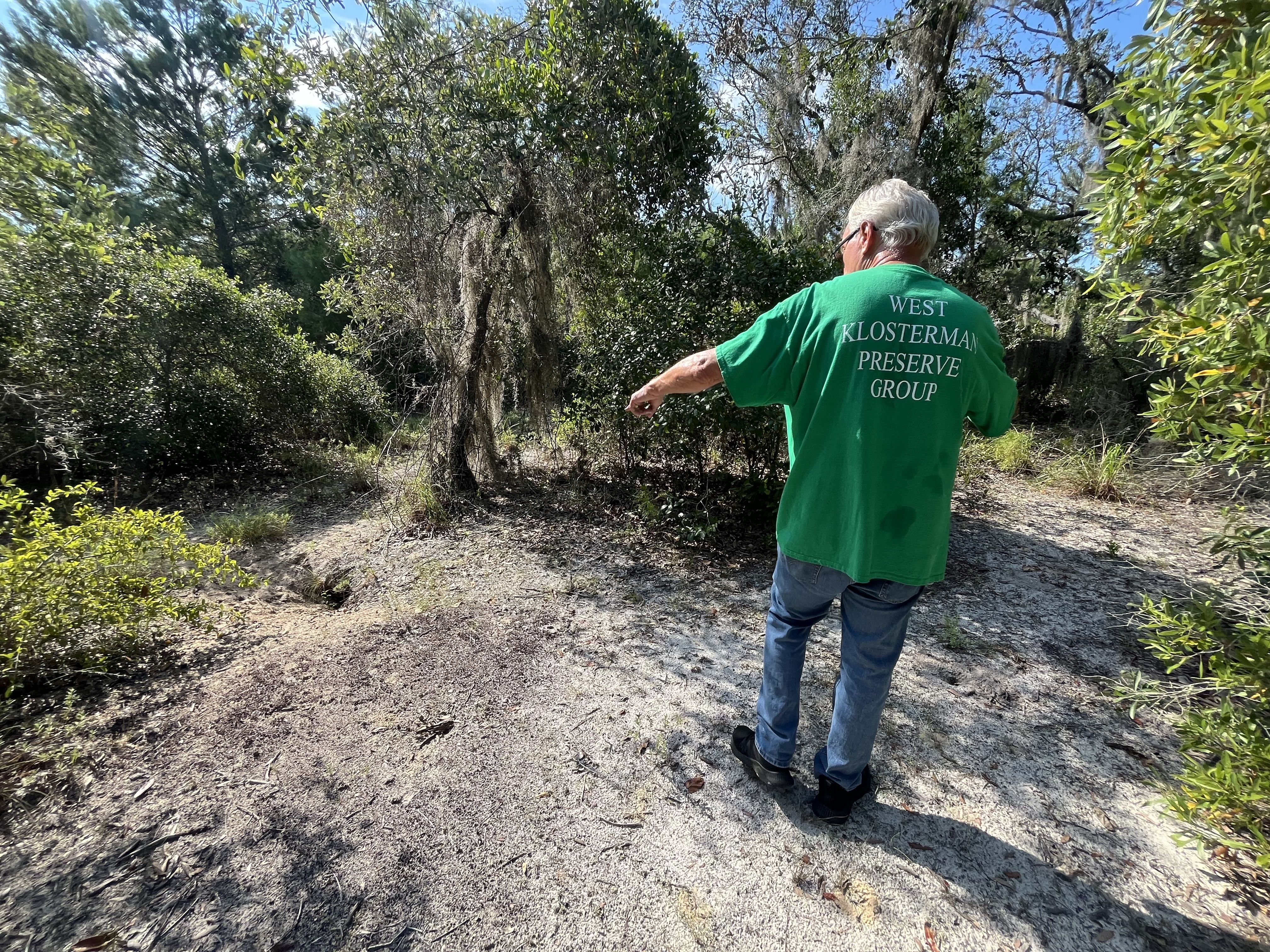 A man in a green T-shirt that reads "West Klosterman Preserve Group" on the back points toward a hole in the ground in a wooded area.