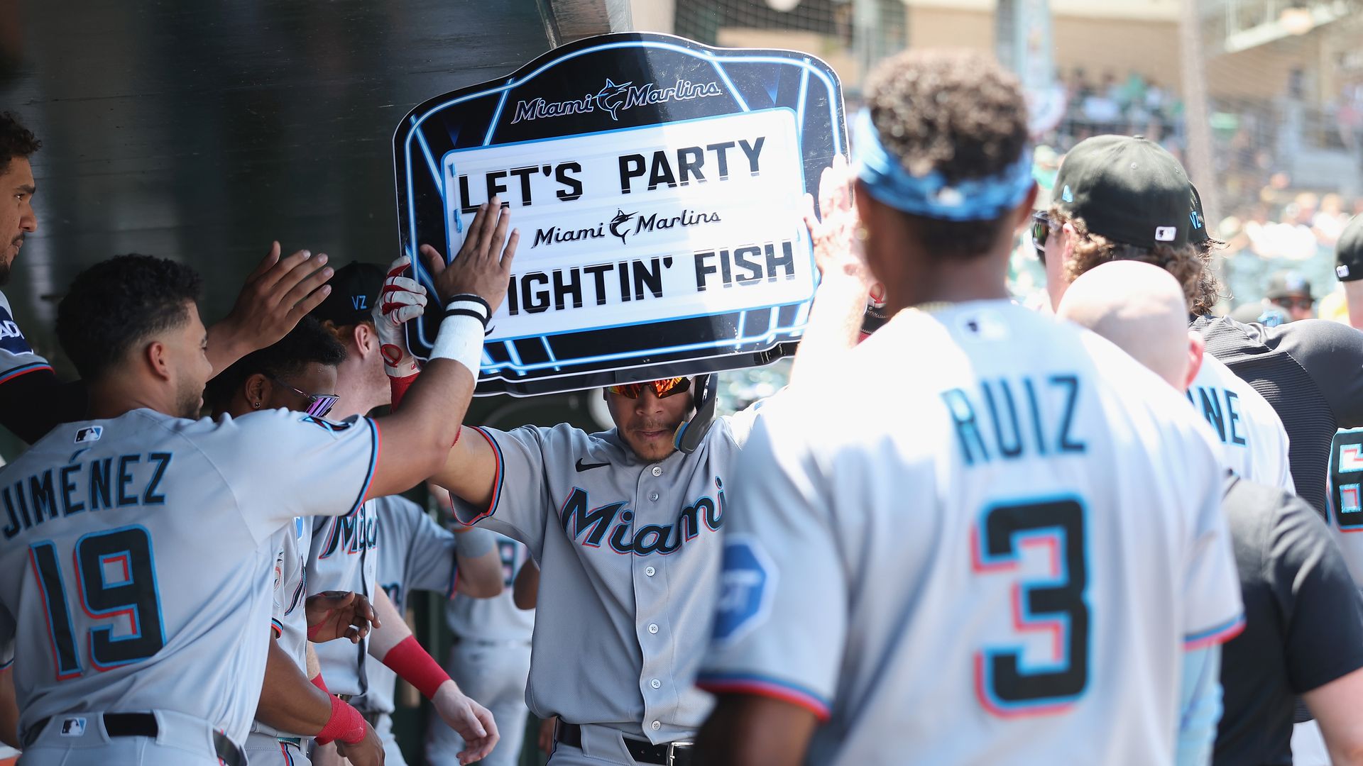 Heriberto Hernandez #13 of the Miami Marlins celebrates in the dugout after hitting a solo home run in the top of the first inning against the Athletics at Sutter Health Park on July 05, 2026 in Sacramento, California. (Photo by Lachlan Cunningham/Getty Images)